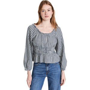 Madewell Womens Sophie Top 2XS Navy Blue Gingham Peasant Smocked Long Sleeve '22